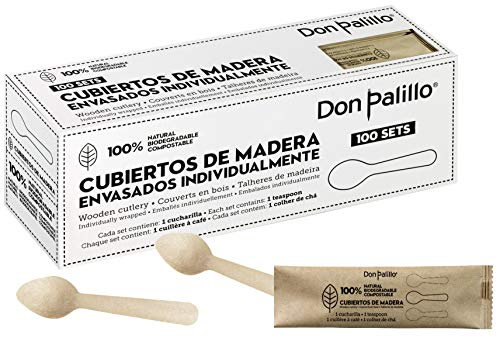 DON PALILLO - 100 cucharillas de madera desechables envueltas individualmente en papel kraft. Ideales para café, infusiones, postres...