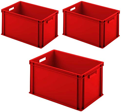 BRB 3x Euro-Stapelbehälter mit 2 Durchfassgriffen, LxBxH 600x400x320 mm, rot