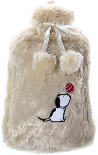 Biggdesign Wärmflasche 2 L mit waschbarem Plüschbezug, Beige mit Hundemotiv