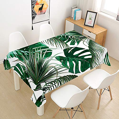 Hiseng Tischdecke Wasserdicht Tischwäsche, Rechteckig Abwaschbar 3D Tropische Pflanzen Drucken Polyester Tischdecken Abwischbar Tischtuch für Küche Party Outdoor Garten (Grün,140x180cm)
