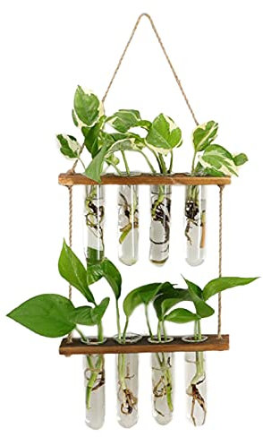 NZXVSE Glas-Pflanzgefäß zum Aufhängen, 2 Etagen, 8 Reagenzgläser, Pflanzenterrarium, moderne Blumenknospen-Vase mit Holzgestell für Hydrokulturen, Wasserpflanzen im Innenbereich