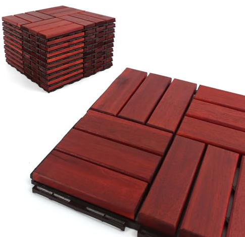 3rd Street Inn Acacia Wood Interlocking Deck Tiles - Outdoor Patio Flooring - 20 Pack (Clay Checkered Finish)