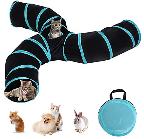 Stronrive Tunnel Chat Jeu Chat, 3 Voies/4 Voies/5 Voies Tunnels Pliable Jouet Labyrinthe Interactif pour Petits Animaux avec Sac Rangement pour Chats, Chiots, Lapins, Cobaye