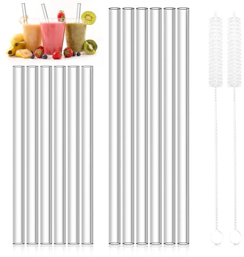 HAUTOCO 12 Stück Glas Strohhalme Wiederverwendbar Kurz & Lang 6 x 21.5cm, 6 x 15cm Glasstrohhalm, Transparenter Geraden Glasstrohhalm Spülmaschinenfest Glas Trinkhalm mit 2 Reinigungsbürste für Gläse