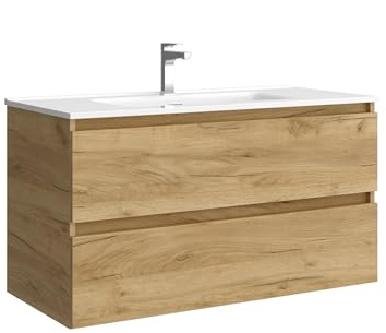 Mueble de baño Bequia 100 cm con Lavabo 100% montado de fábrica | Acabado Roble suspendido 2 cajones Cierre amortiguado Apertura con uñero | Lavabo Porcelana Blanca | Marca Salgar