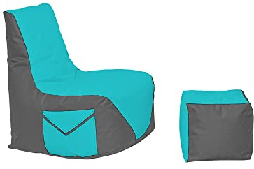 Momiralland Komfort Sitzsack XL - XXL mit Hocker Sitzkissen BodenKissen Sessel In- & Outdoor geeignet Gaming Sitzsack für Erwachsene und Kinder (Anthrazit – Türkis, XXL - Durchmesser 80 cm)