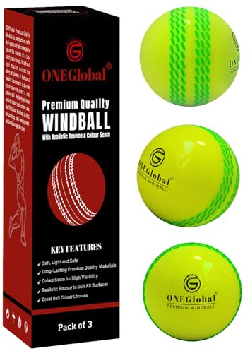 ONEGlobal Premium Windball Soft Cricket Ball | Durable & Safe, Colour Seam, True Bounce & Swing | Wind Ball for Outdoor & Indoor Practice, Coaching, Garden & Beach Games (3-Fluoro Yellow)