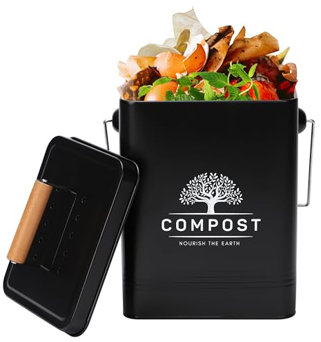 PERFNIQUE Contenedor de abono de cocina, contenedor de abono para encimera de 1.7 galones con tapa, contenedor de abono para interiores incluye 2 filtros de carbono, cubo pequeño de compost, cubo de