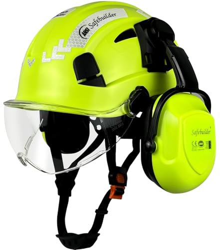 SAFEBUILDER Bausicherheitshelm mit Visier, transparenter und getönter Ohrenschützer, Gehörschutz, Industrie-Arbeitshelm für Ingenieur (fluoreszierend grüner Helm mit Visier