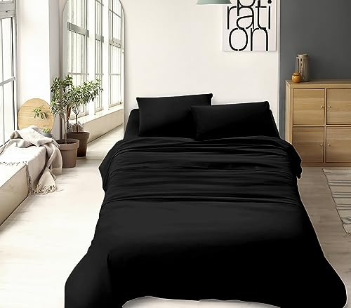 IlGruppone Set Lenzuola 100% Cotone Di Flanella Completo Letto Made In Italy Anti-Pilling Tinta Unita Lenzuolo Sopra Sotto Federe (Francese, Nero)