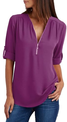 ZIOOER Donna Camicetta Camicie a Maniche Lunghe Eleganti con Cerniera Tunica V-Neck Bluse Camicie Tops Lilla XL