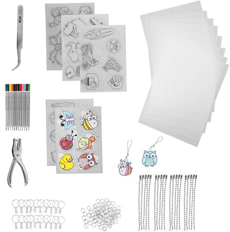 aupawdy 158 Stück Schrumpffolie Shrink Plastic Set Schrumpffolie Set Inklusiv A4 Schrumpffolie Set Schlüsselanhänger, Schließe, Bleistifte, Locher für Kinder DIY Handwerk