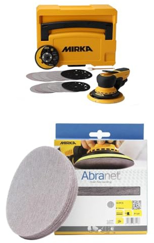 Mirka DEROS II 5650 Lijadora orbital aleatoria con aspiración de polvo para lijas de Ø 125 y 150 mm, carrera de 5,0 mm + Mirka Abranet malla discos lijadores Ø 150mm cierre adhesivo, grano P120 10 uds