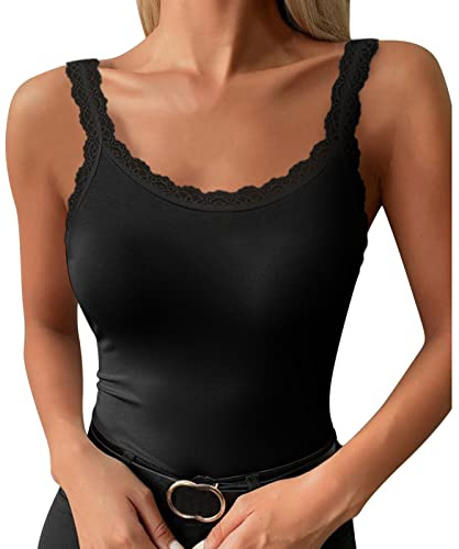 Canotta Intima da Donna, Canottiera in Cotone Pettinato con Cinghie di Pizzo,Senza Cucitura Laterale,Top Estive da Donna,Magliette di Base Alla Moda in Tinta Unita,Canotte Taglio alVivo in (Black, M)