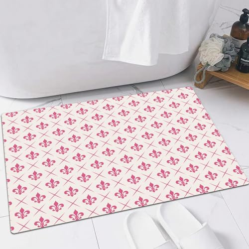 EMFSLA rutschfest Badezimmer Badeteppiche,Weich Hochflor Saugfähig Badvorleger Waschbar Flauschige Mikrofaser Badematte,Rosa antike Lilien-Blumenmotive mit Karomuster. Französische Heraldik,40x60 cm