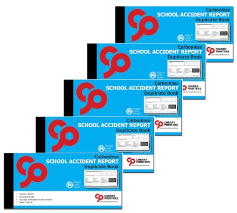 Cherry Printers Carbonless School Accident Report Duplicate Book GDPR | 99mm x 210mm | 50 2part Sets | Both Copies Perforated | Ideal for Schools, Nurseries & Childcare Providers **5 Pack**
