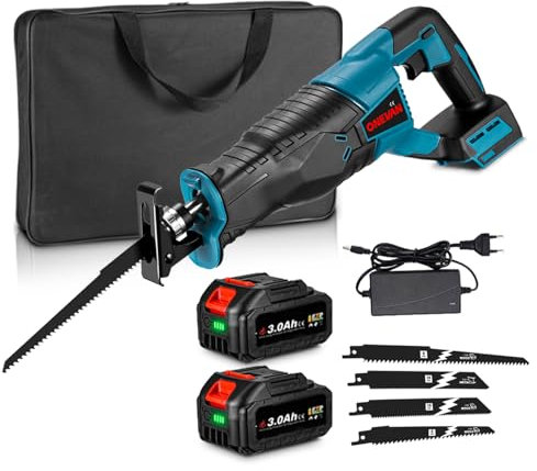 ONEVAN Sega a sciabola a batteria, lunghezza 32 mm, coda di volpe, sega elettrica da 2800 spm, sega a sciabola con 4 lame, 2 batterie da 3,0 Ah e caricatore