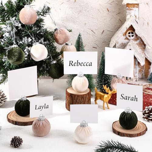 Lineshading Tischkartenhalter für Hochzeit, Samt, Baum, hängende Ornamente, 5,1 cm, kleine Glas-Tischnummernhalter, Namenskartenhalter, Samtkugeln für Hochzeit, Party, Beige, Braun, Smaragd, 12 Stück