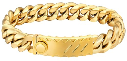 KRKC&CO 12mm Herren Armband mit Rechteck Verschluss, 18K Gold beschichtet Panzerarmband, breite dicke Edelstahl Cuban Armband, Hip Hop Wikinger Biker Schmuck Geschenk für Männer Jungs [Länge 20,3cm]