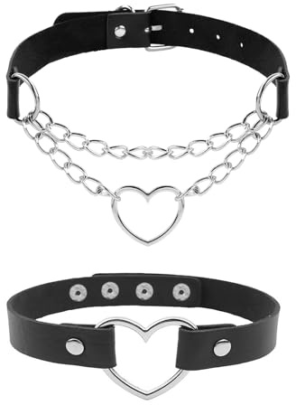 Cosysparks Hjärta Choker i Svart - 2-Delad Läderkedja och Gotisk Damer Halsband Med PU-Läder och Legering
