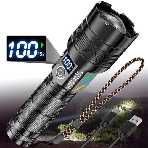 WholeFire Torcia LED ricaricabile, torcia LED estremamente luminosa 30000 lumen, torcia ricaricabile a batteria, IP65, impermeabile con 5 modalità di illuminazione, zoomabile per campeggio emergenze