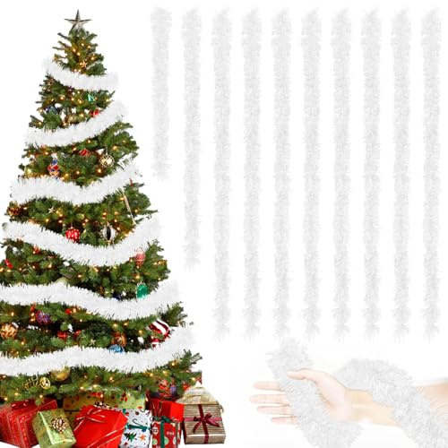 Tutukyle 20M/Pack of 10 Lametta Weihnachtsbaum, Lametta Weiß Girlande Weihnachten, Weihnachtsbaum Deko, Weihnachtsdeko Girlande, Lametta Girlande für Vorhänge, Zimmer, Party Weihnachtsfeierdekoration