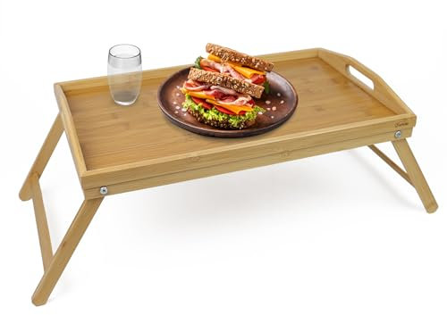 DIVCHI Vassoio da letto in bambù con manici e gambe pieghevoli, vassoio multiuso e scrivania in piedi per colazione a letto, divano, mangiare, piatti, lavoro, servire, disegnare, supporto per laptop e