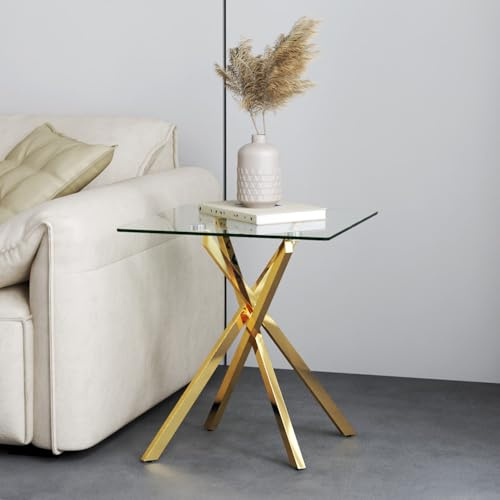 GOLDFAN Small Glass End Table with Gold Legs for Living Room Square Side Table Modern Contemporary Nightstand for Bedroom