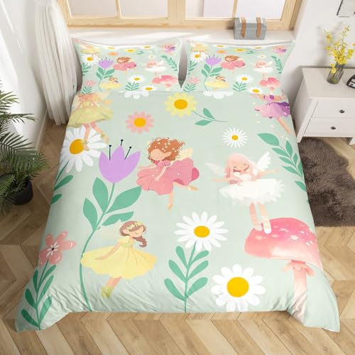 Homewish Floral Fairy Duvet Cover Double,Colorful Fairy Kawaii Bedding Set for Girls Kids Room Decor,Cute Daisy Flower Bed Set Mushroom Flowers Duvet Cover 3Pcs (No Comforter)