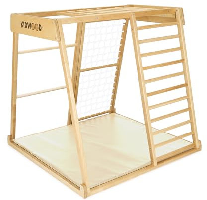 KIDWOOD Cliff (ex Klettergerüst Segel White Edition mit Sicherheitsmatte in beige, Kletterturm aus Naturholz. Montessori Kinderzimmer, Made in EU, Qualität aus Österreich, Pikler Dreieck