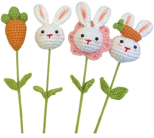 Zghhc 4 Stück Süße Häkelkaninchen Stielen, Gestrickte Hasen-ostersträuße, Figurenspielzeug, Sträuße, Häkelblumen, Blumenstrauß Für Ostern