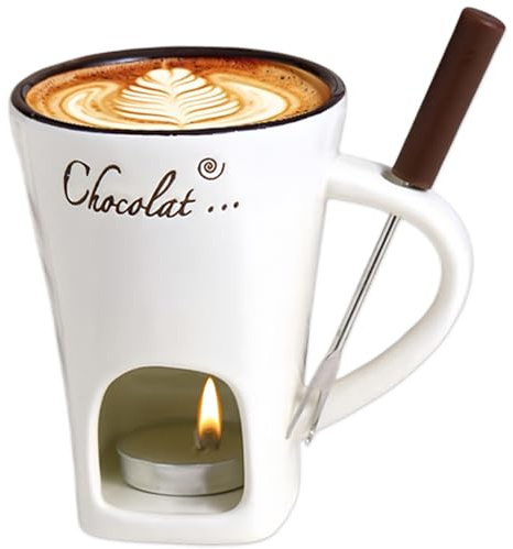 Generisch Schokofondue Tasse, 200ml Keramik Schokoladenfondue Tasse, Mehrzweck Chocolate Fondue Set mit Gabel und Teelicht für Käse, Schokolade, Butter und Karamell (Weiß)