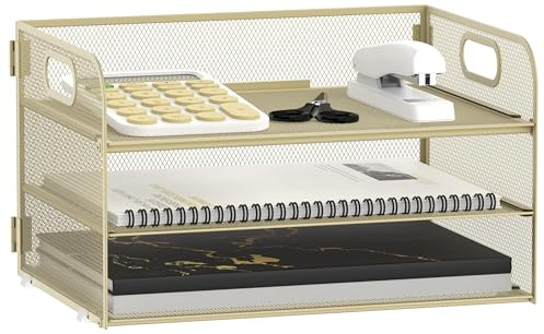 SUPEASY 3-Tier Papier Organizer mit Griff, Mesh Schreibtisch Organizer Brief Tray, Papier Tray Organizer Datei Organizer für A10 Datei Ordner, Goldgelb