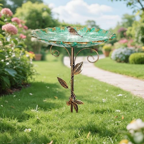 Vogeltränke Stehend Garten, Vogelbad für Draußen Garten, Vogeltränke Winterfest mit Erdspieß, Metall Vogeltränke Garten Schüssel Wassertränke für Vögel, Vogelfutterhaus mit Ständer (77 * 25,5 cm)