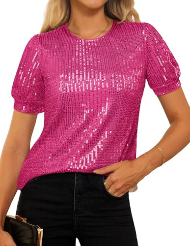 GRACE KARIN Damen Pailletten Glitzer Oberteil Party Festival Club | Rundhals,kurze Puffärmel,Elastisch,Pullover