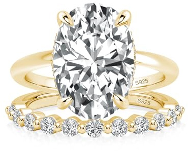 PAFIDDY 5 CT Oval Cut CZ Bridal Ring Set for Women, S925 Silver 2-Piece Wedding Engagement Rings, 5A Grade CZ Stackable Promise Ring Set (14K Yellow Gold Plated, 6)