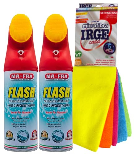 SET: Pulitore Per Interni Auto FLASH Pulitore a Secco, Ideale Per Smacchiare i Sedili In Tessuto e Rimuovere Odori, Con Spazzola Integrata 400ml + Confezione Da 5 Panni In Microfibra (2xFlash+Panni)