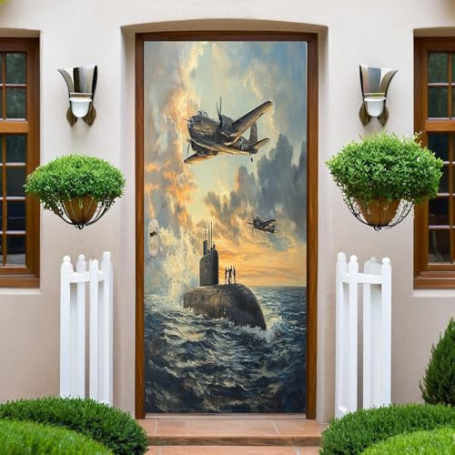 öLgemäLde-Stil Türposter Meer-U-Boot und Kampfjet PVC Türaufkleber Fototapeten Wasserdichte Tapete Türfolie Selbstklebend TürPoster 77x200cm Wohnzimmer Schlafzimmer Küche Toilette