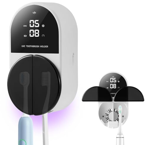 UV Toothbrush Sanitizer and Holder Smart Sensing, 2 Slots Wall Mounted Toothbrush Cleaner for Bathroom, Portable Electric Toothbrush Sanitizer Case with Timed Sterilization, LED Screen, No Drilling