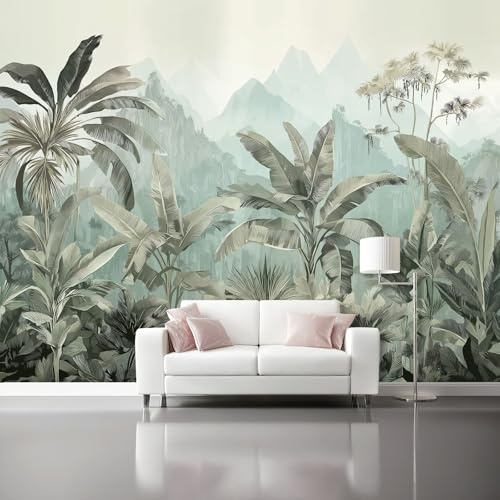 Fotomurales Paisaje tropical con plantas verdes y brumoso Papel Tapiz Moderno 350 x 256 cm Papel pintado tejido no tejido coración Pared corativos Sala Living Oficina Dormitorio Verde gris