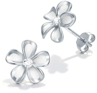 CHIC & ARTSY Solid 925 Sterling Silver Flower Stud Earrings for Women Teens - Hypoallergenic Plumeria Floral Earrings (Silver)