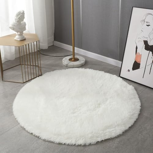 Mozzeilee Badematte Rund, Ultra Weich Zottelig Plüsch Mikrofaser Badezimmer Boden Badewannen-Seitlicher Kreis Badteppich, Wasserabsorbierend Maschinenwaschbar Schlafzimmer Flur Fußmatten (Weiß