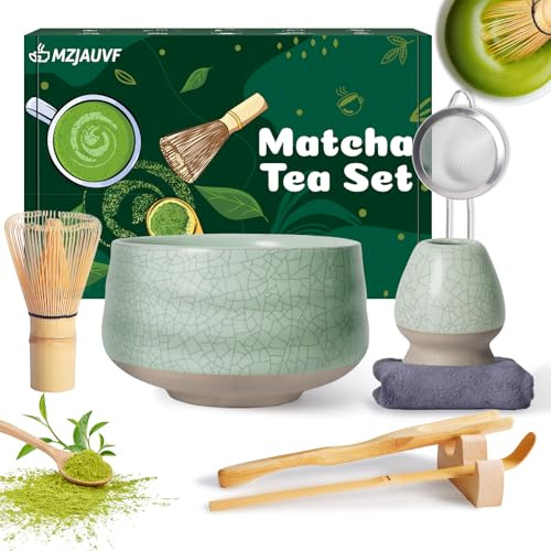 MZJAUVF Matcha Kit, 8Pezzi Matcha Tea Kit, Matcha Whisk, Supporto Chasen, Cucchiaio di Matcha, Setaccio, Portacucchiaio, Tovagliolo da Tè, Matcha Cerimonia, Set Matcha Regalo per Principianti