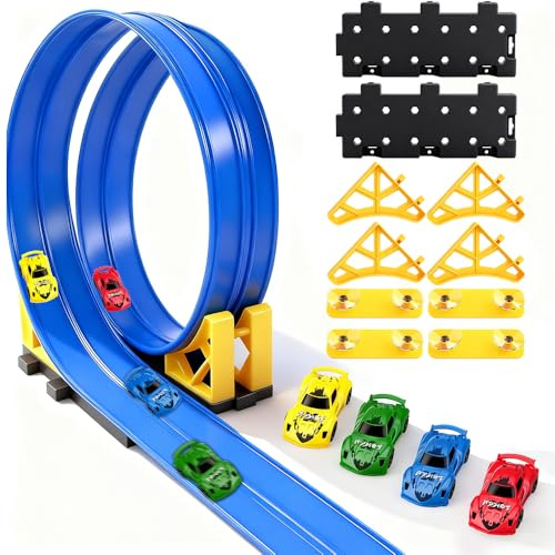 Racing bilbana, Blue Track Classic Flexibel bana med 4 legeringsfordon och 4 sugkoppar, racingbaneset, flexibel bilkrets för pojkar och flickor