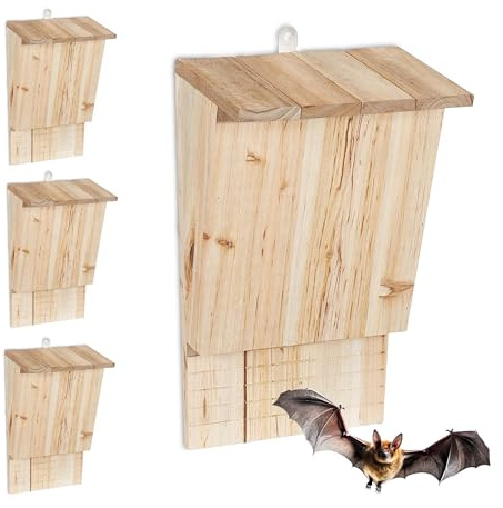 Relaxdays Fledermauskasten 4er Set, wetterfest, Tannenholz, Fledermaus-Unterschlupf, HxBxT:34x22,5x13cm, Natur