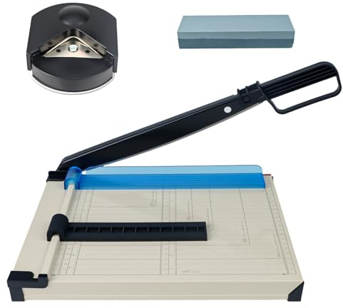 A4 Papierschneider mit 30cm Schnittlänge, Eckenrundgerät, Schleifstein | schneidet bis zu 16 Blatt, Sicherheitschutz & Klingenverriegelung, inkl. Eckenrundgerät und Schleifstein