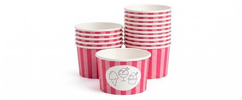 DeinPack 200 Eisbecher 120 ml Universal Karton pink gestreift | Umweltfreundlich, Karton mit PLA, Für Eis, Dessert, Fingerfood, Rund, Universal