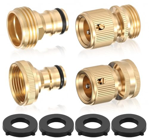 Garden Hose Connector Brass 3/4 Inch GHT Male Female Thread Quick Connector Kit with 4 Sealing Washer Leak Proof for Outdoor Garden Watering