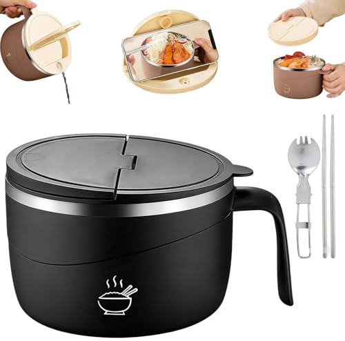 PEAMOO 1200ml Ramen Bowl, Stainless Steel Noodle Bowls with Handle and Lid, Leak Proof Speedy Ramen Cooker Soup Bowl with Spork, Double-Layer Thermal Insulation Instant Noodle Bowl (Black)