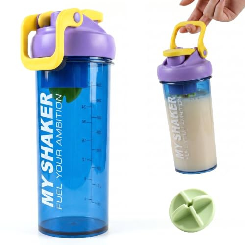 Futuhada Protein Shaker 900 ml med innovativt pulverfack och mixball, läckagesäker proteinshaker för fitness och gym, BPA-fri sportvattenflaska med mätskala och bärrem, robust, blå